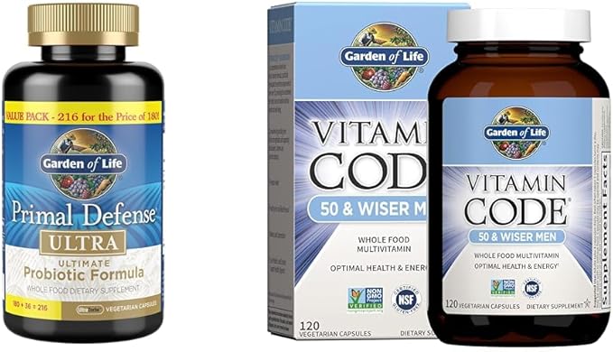 Garden of Life Probiotic and Multivitamin Bundle - Primal Defense Ultra Ultimate Probiotic 216 Capsules + Vitamin Code 50 &amp Wiser Men's Multivitamin 120 Capsules