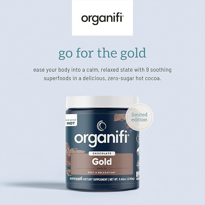 Organifi - Gold Chocolate - Superfood Supplement Powder - 20 Day Supply - Supports Restful Sleep Immune Health and Recovery - Cocoa Organic Turmeric and Reishi Mushroom Infused Golden Milk Drink Mix