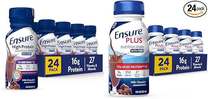 Ensure High Protein Nutritional Shake With Fiber &amp Ensure Plus Nutrition Shake With Fiber 16 Grams of Protein Meal Replacement Liquid Milk Chocolate gluten free 8 Fl Oz (Pack of 24)