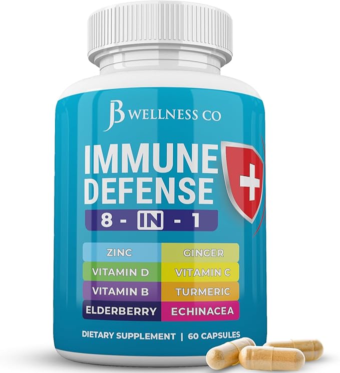 Immune Support 8 in 1 Capsules - Zinc Supplement Vitamin D3 Vitamin C and Elderberry - Immune Booster Supplement with Echinacea Ginger Root and Turmeric