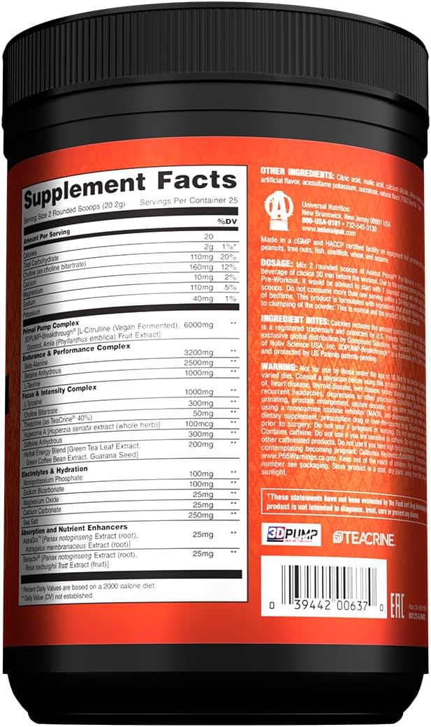 Animal Primal Muscle Hydration + Preworkout Powder – Contains Beta Alanine 3DPump Caffeine &amp Electrolytes – Improves Energy Focus Endurance &amp Absorption – New Candy Crush’d Flavor 17.8 oz