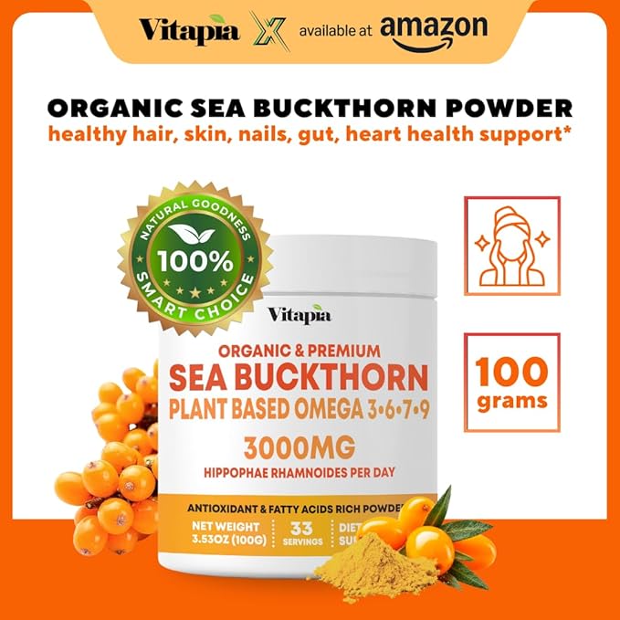 Organic Sea Buckthorn Extract Powder with Natural Omega 7 &amp Omega 3 6 9 for Heart Health Skin Immune Support - 100g Powder Supplement &amp 33 Day Supply - Non-GMO Gluten-Free Vegan-Friendly