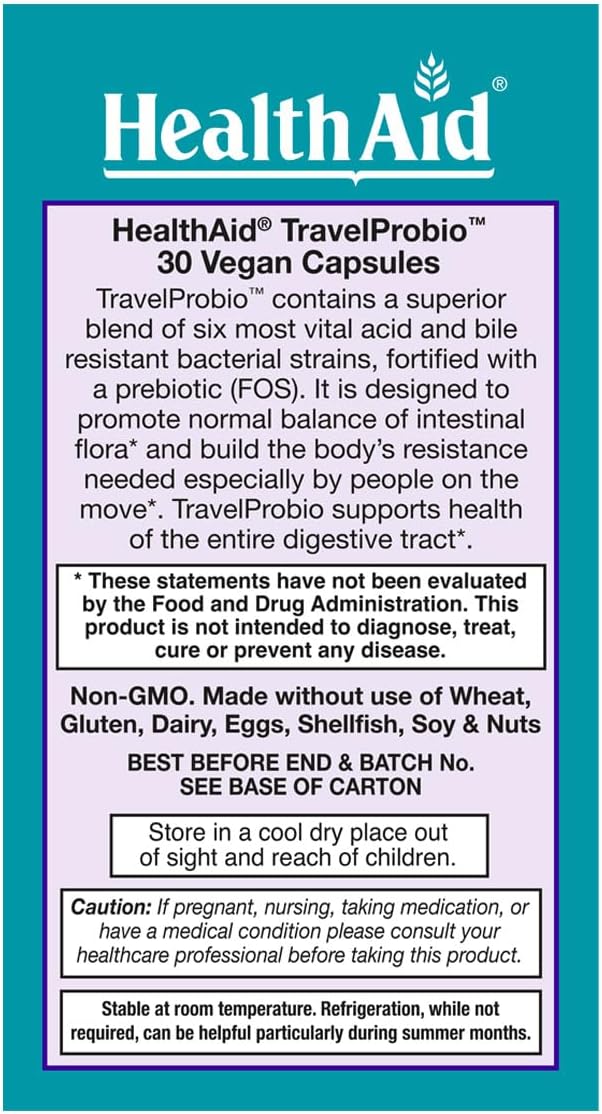 HealthAid TravelProbio 20 Billion CFU Probiotic – Saccharomyces boulardii + Prebiotic (FOS) Acid &amp Bile‑Resistant – Once‑Daily Vegan Gluten‑Free Room‑Temp Stable – Travel Digestive Support