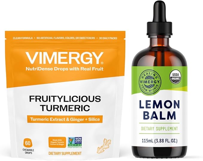Vimergy NutriDense Fruitylicious Turmeric + Ginger Chewables (60 Count) &amp Liquid Lemon Balm (115 mL)