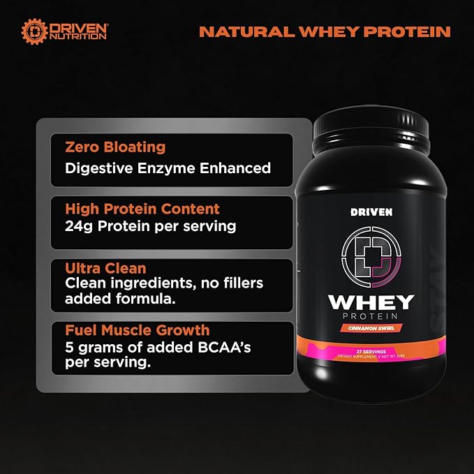 Driven WHEY- Grass Fed Whey Protein Powder: Delicious Clean Protein Shake- Improve Muscle Recovery with 23 Grams of Protein with Added BCAA and Digestive Enzymes (2 lb Cinnamon Roll)