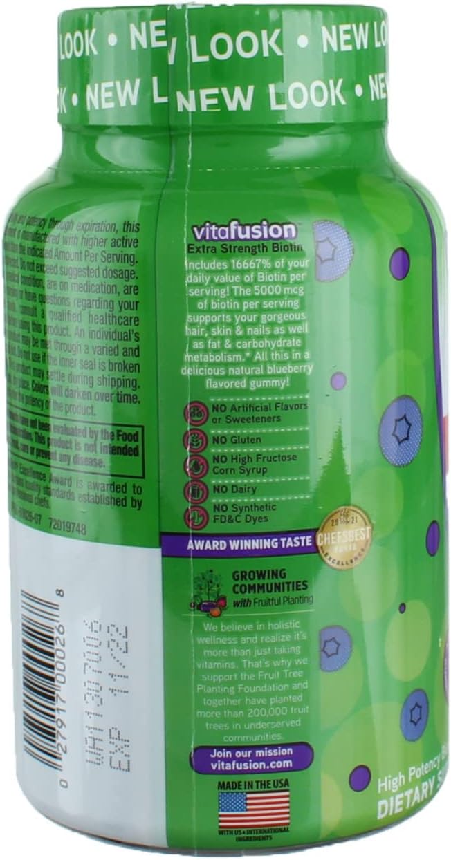 Vitafusion Extra Strength Biotin Gummies 5000 mcg Blueberry 100 ea (Pack of 4)