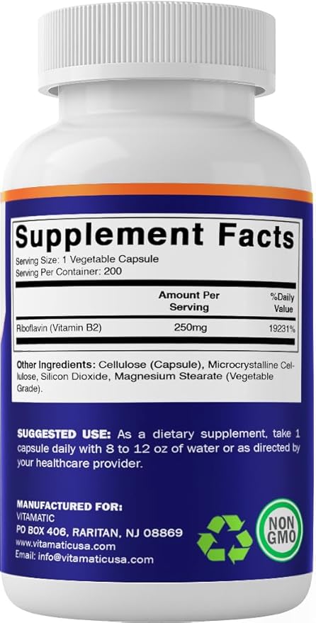 Vitamatic Vitamin B2 (Riboflavin) 250 mg - 200 Capsules - 2 Pack