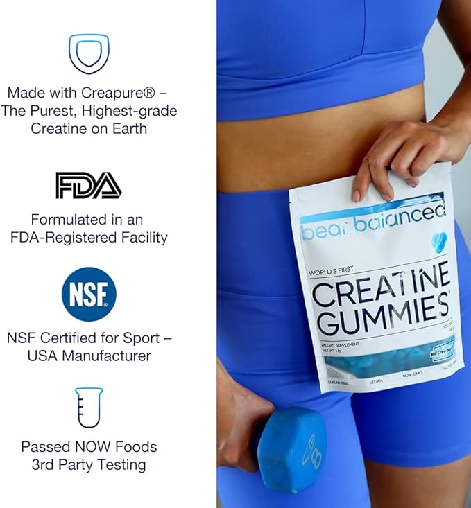 Bear Balanced Creatine Gummies for Men &amp Women - Creapure® Creatine Monohydrate L-Theanine L-Tyrosine &amp B12 for Muscle Growth Strength Focus Energy &amp Health - Low Calorie Sugar-Free