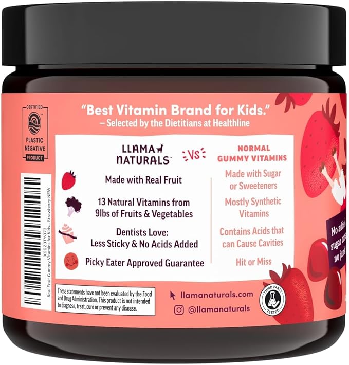 Llama Naturals Kids Multivitamin Gummies | Real Fruit No Added Sugar Cane | Organic Vegan Toddler Whole Food Vitamins | Vitamin D C &amp Beta Carotene Gummy Supplement | Strawberry 90 Ct (1-2 Month