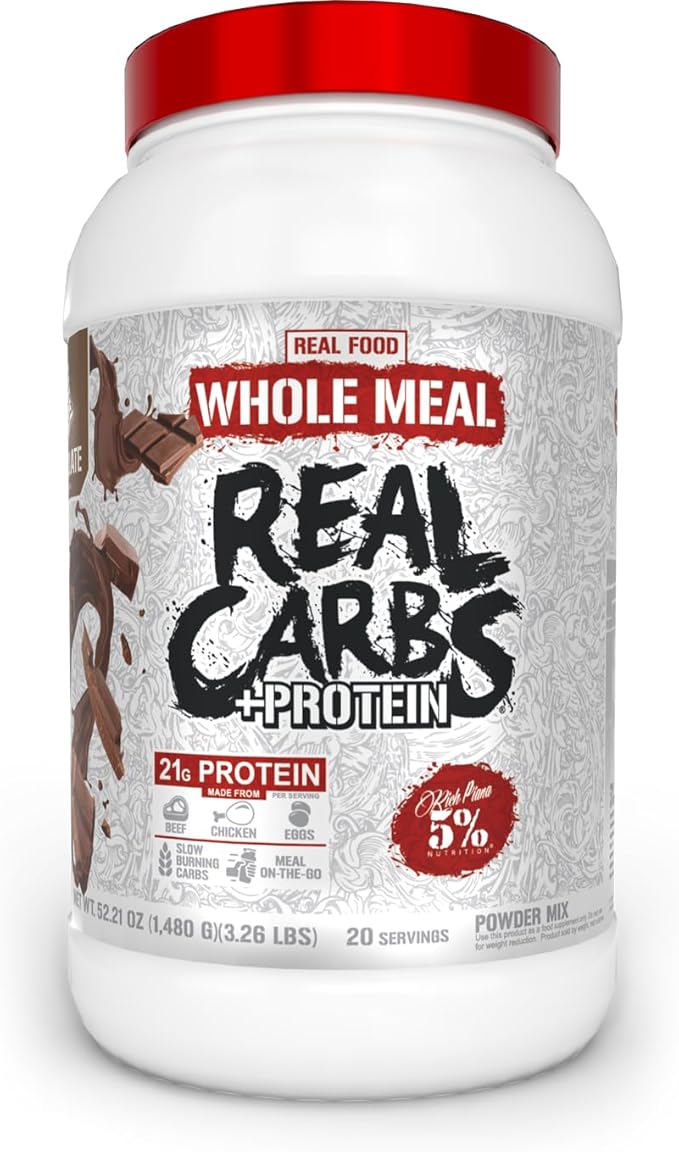 5% Nutrition Rich Piana Real Carbs + Protein | Clean Mass Gainer Meal Replacement Protein Powder | Carbohydrate for Pre Workout/Post-Workout Recovery Meal | 3 lb 20 Srvgs (Chocolate)