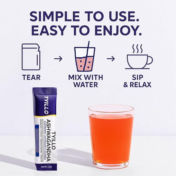 TYILLO Ashwagandha Drink Mix Raspberry Lemonade Flavor with L-Theanine Magnesium &amp D3 – Stress Relief Calm Focus &amp Sleep Support 20 Servings Sugar-Free Vegan Non-GMO Made In USA