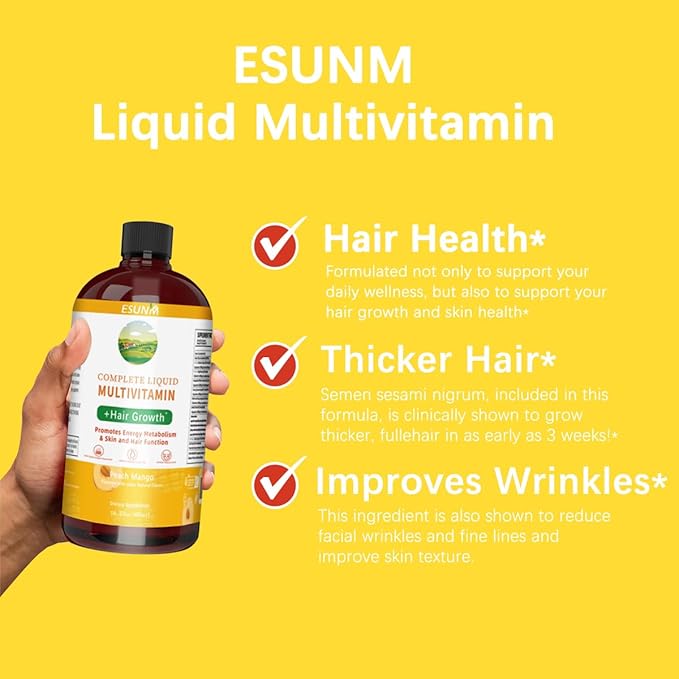 Complete Liquid Multivitamin + Hair Growth Promotes Energy Metabolism&amp Skin and Hair Function| Vitamin C D | B Vitamins | Help to Thicker Hair Wrinkles Fine Lines Skin Care (16.23 Fl Oz)