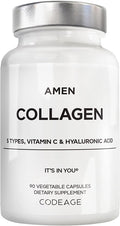Amen Multi Collagen Peptides Capsules with Hyaluronic Acid and Vitamin C - 5 Types of Collagen Protein Type I II III V X - Grass Fed Hydrolyzed - 18 Amino Acids - Collagen Supplement - 90 Pills