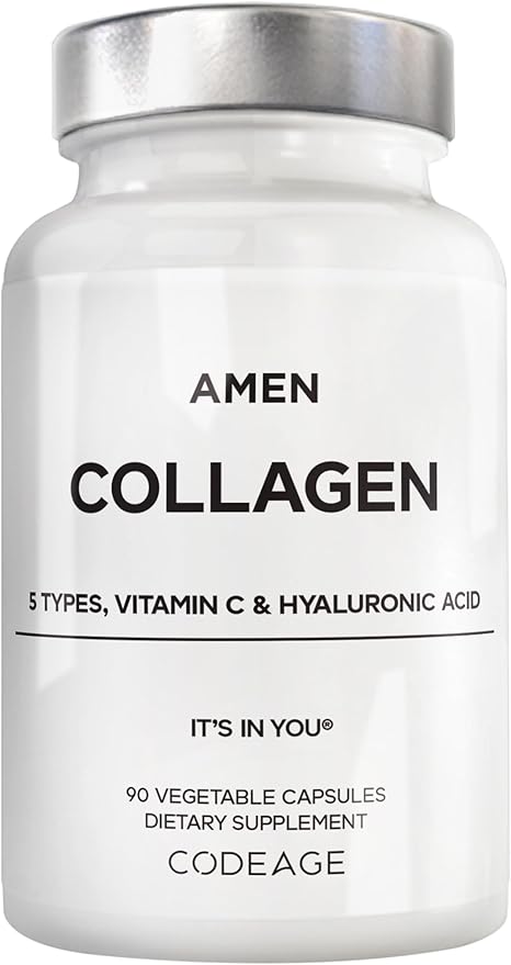Amen Multi Collagen Peptides Capsules with Hyaluronic Acid and Vitamin C - 5 Types of Collagen Protein Type I II III V X - Grass Fed Hydrolyzed - 18 Amino Acids - Collagen Supplement - 90 Pills