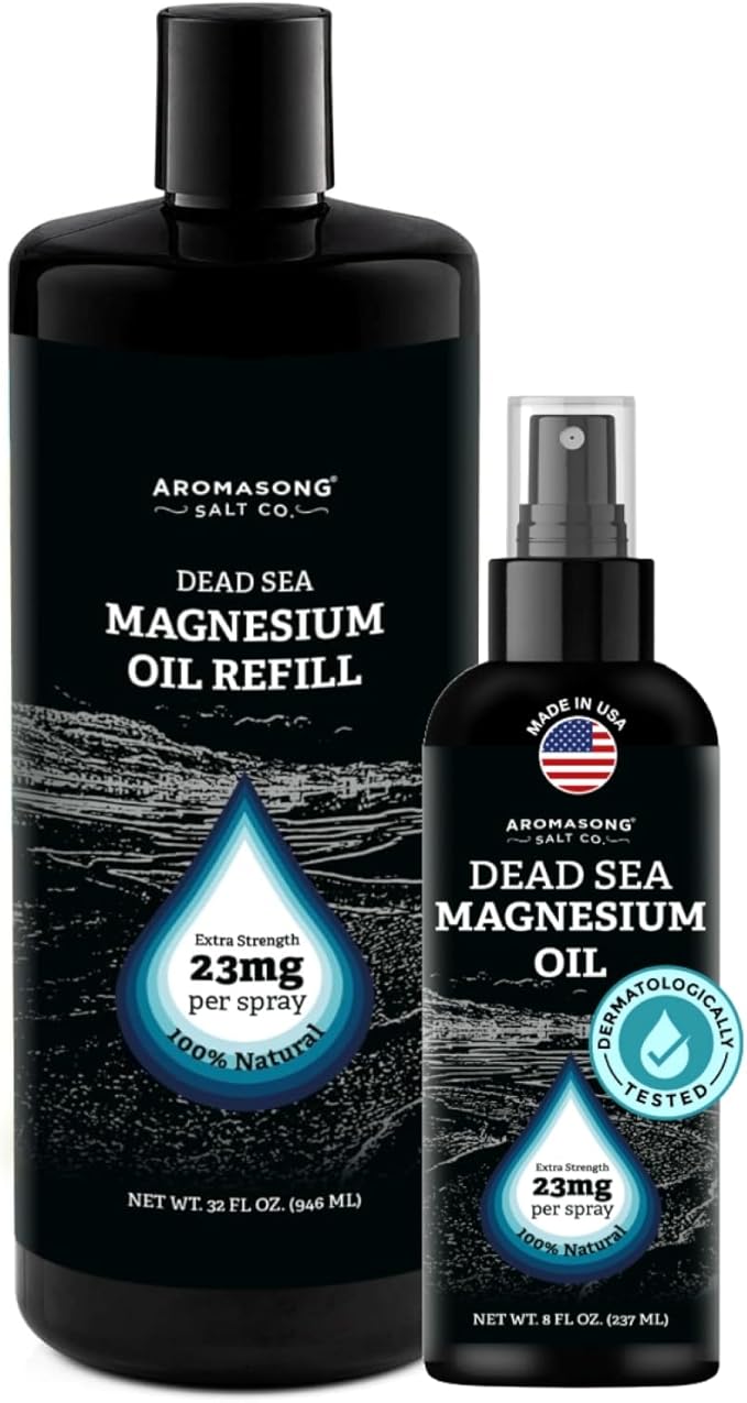 Aromasong Dead Sea Magnesium Oil Spray Bundle: 8oz Spray + 32oz Refill Bottle for Convenient and Cost-Effective Use