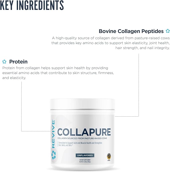 Revive MD CollaPURE Collagen Peptides Powder for Women &amp Men Unflavored - Type I &amp Type III Grass-Fed Collagen Supplements for Hair Skin Nails Bones &amp Joint Health - No Fillers (30 Ser