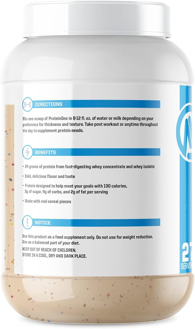 NutraOne ProteinOne Whey Protein Promote Recovery and Build Muscle with a Protein Shake Powder for Men &amp Women (Fruity Bites Cereal - 2 lbs.)