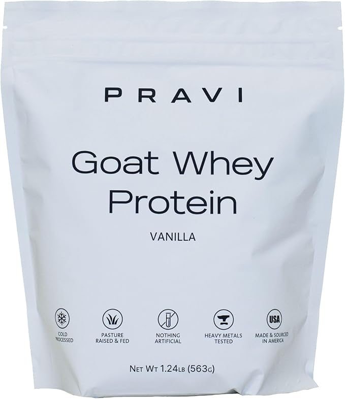Grass-Fed Pure Goat Whey Protein Powder - Organic Whey Protein Supplement - Easy to Digest - Less Lactose - Soy Free - Vanilla Flavor - 20 Servings