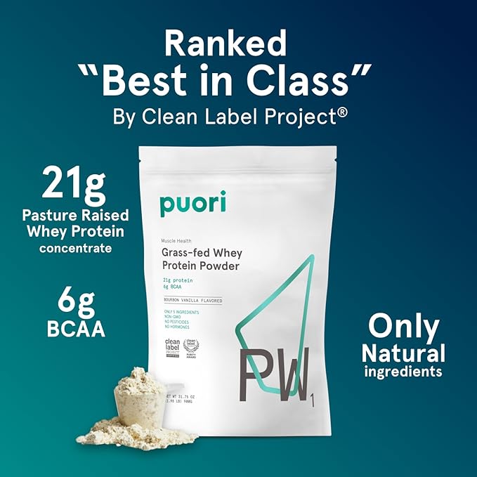 Puori Whey Protein Powder Bourbon Vanilla - PW1 Pasture-Raised Grass-Fed Whey Protein Powder Drink Mix containing BCAA Amino Acids - Post-Workout Supplement for Muscle Gain &amp Recovery - 30 Servi