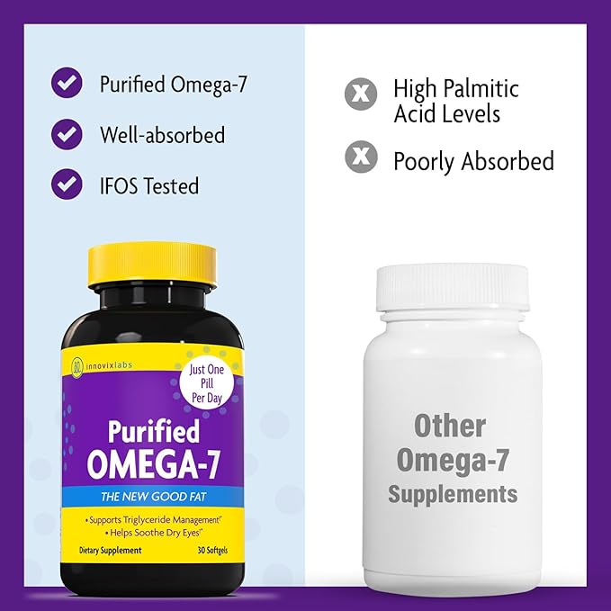 InnovixLabs Purified Omega 7 Supplement - 210 mg Omega-7 Palmitoleic Acid Fish Oil for Metabolism &amp Triglyceride Support Essential Fatty Acids IFOS Approved 30 Softgels (Pack of 2)