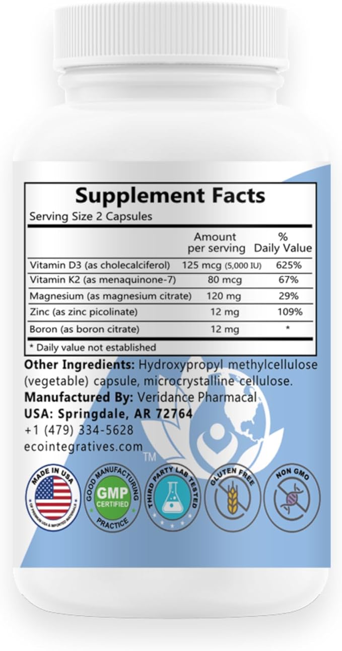 EcoIntegratives Bio-D3 Plus Boron Vitamin K2 Magnesium &amp Zinc-Supports Cardiovascular Nerves Muscles Bone Teeth Gums Immune Health Tissue Repair Balance Hormones Metabolism 180 Vegan caps