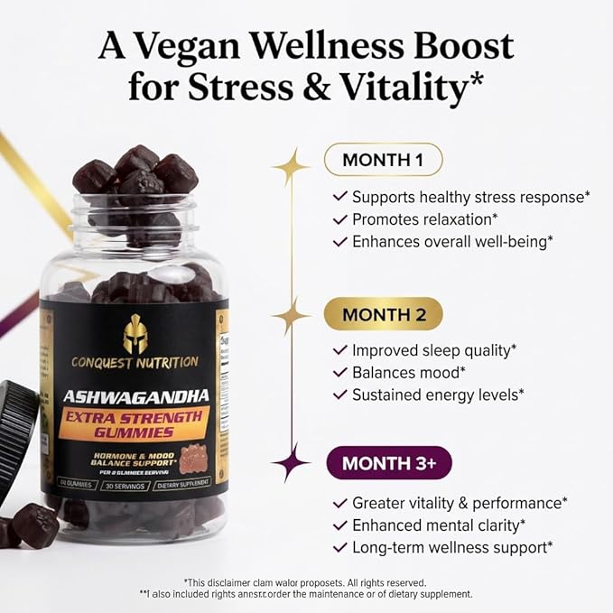 Ashwagandha Extra Strength Vegan Gummies – Stress Relief &amp Calm Support Adaptogen Supplement for Relaxation Mood &amp Energy Balance Non-GMO Natural Flavor 60 Gummies