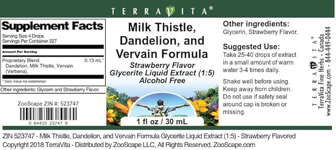 Terravita Milk Thistle Dandelion and Vervain Formula Glycerite Liquid Extract (1:5) - Strawberry Flavored (1 oz ZIN: 523747)