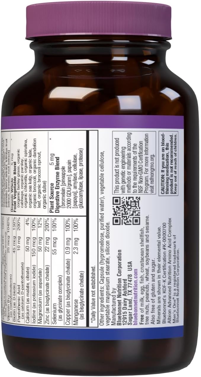 Bluebonnet Nutrition Mens' ONE 40+ Whole Food-Based Multiple Men Multivitamin for Men 40+ Soy-Free Non-GMO Gluten Free Kosher 60 Vegetable Capsules 60 Servings