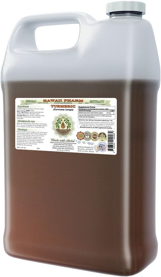 Hawaii Pharm Turmeric Alcohol-Free Liquid Extract Professional Grade Small Batch Crafted Turmeric (Curcuma Longa) Dried Rhizome Glycerite Natural Herbal Supplement 64 fl.oz