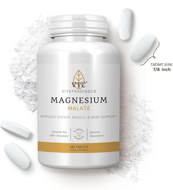 VTC VitaTradingCo. Magnesium Malate | 113mg Elemental Magnesium | Cofactor for 300+ Enzymes | Gentle &amp Highly Absorbable | Nervous System Muscle &amp Bone Support | 180 Tablets