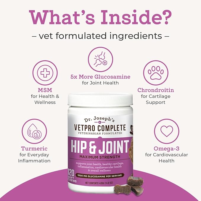 Dr. Joseph's VetPro Complete Dog Hip &amp Joint Supplement for Arthritis Pain Relief – High-Strength Glucosamine &amp Chondroitin Chews for Senior Dogs – Vet Formulated Daily Treats Chicken Flavor