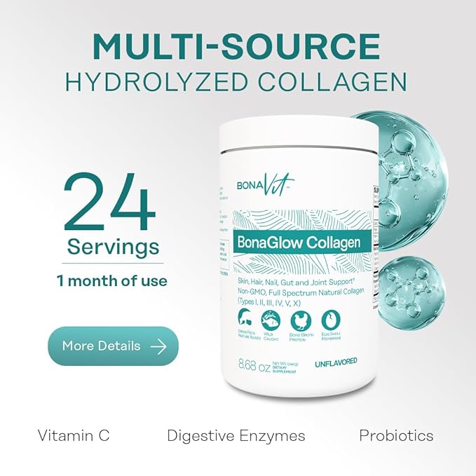 Multi Collagen Peptides - Types I II III IV V &amp X - Premium Hydrolyzed Collagen Powder for Women &amp Men - with Vitamin C Digestive Enzymes &amp Probiotics - 24 servings - BonaGlow Unflavo