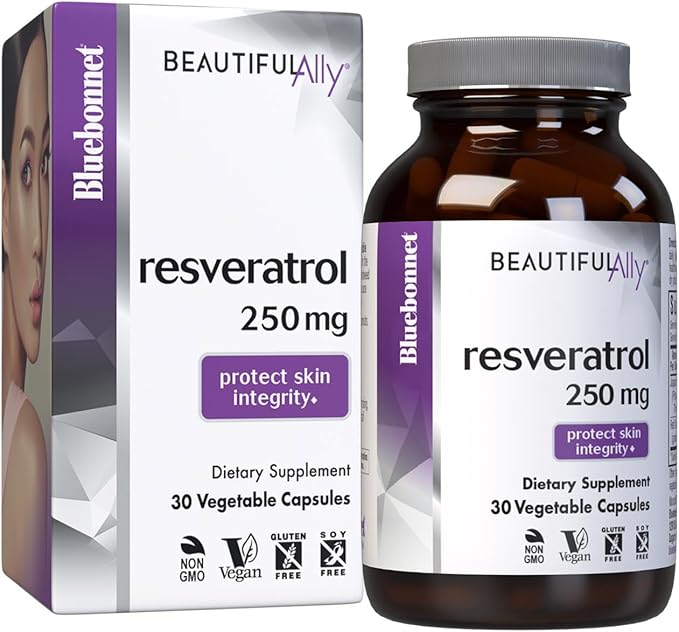 Bluebonnet Nutrition Beautiful Ally Resveratrol 250 mg Protect Skin Integrity* Non-GMO Vegan Gluten-Free Soy-Free Dairy-Free 30 Vegetable Capsules 30 Servings