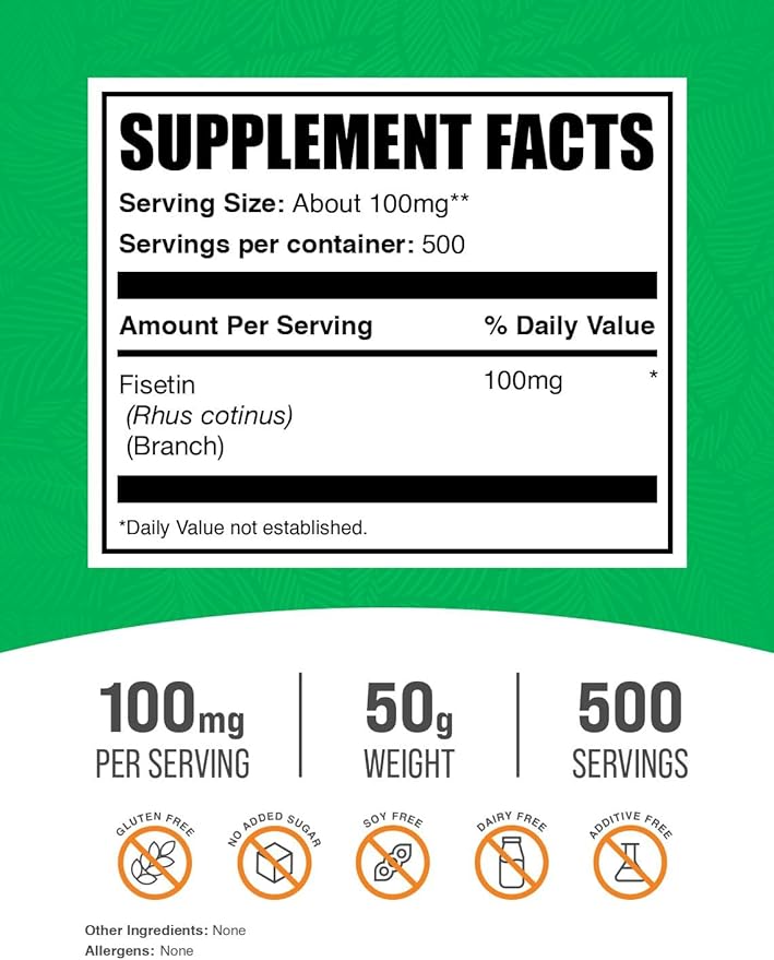 BulkSupplements.com Fisetin Powder - Nutritional Supplement Fisetin 100mg Antioxidants Source - Pure &amp Gluten Free 100mg per Serving 50g (1.8 oz) (Pack of 1)