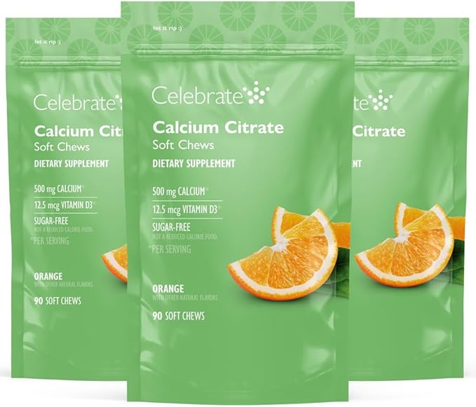 Celebrate Vitamins Bariatric 500mg Calcium Citrate Soft Chews with 500 IU Vitamin D3 – Essential for Gastric Bypass Patients &amp Bone Health - Sugar &amp Gluten Free Orange (270 Chews)