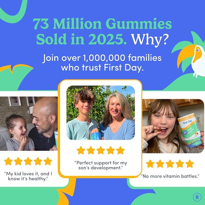 First Day Kids Multivitamin Gummies Age 4+ Strawberry &amp Orange - Kids Vitamins Multivitamin Gummy A C D3 K2 B1 B2 B6 B12 Folate Immunity &amp Brain Function Vegan - 30 Day Supply Packaging Ma