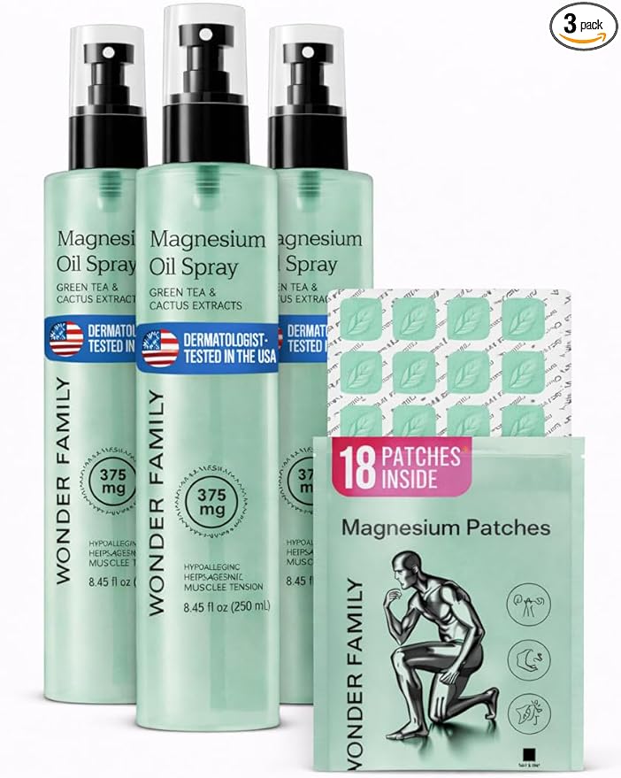 Pure Magnesium Oil Spray Set 3 Pack + 18 Patches — Topical Magnesium Mist for Feet &amp Body Everyday Freshness Deodorant Use Massage-Friendly Stock Up Bundle 3 x 8.45 Fl Oz