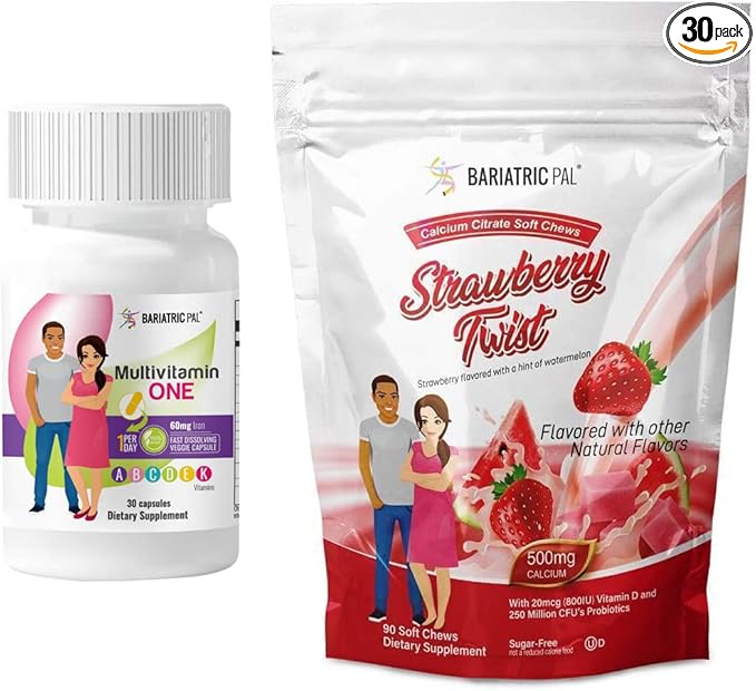 BariatricPal 30-Day Bariatric Vitamin Bundle (Multivitamin ONE 1 per Day! Capsule with 60mg Iron and Calcium Citrate Soft Chews 500mg with Probiotics - Strawberry Twist)