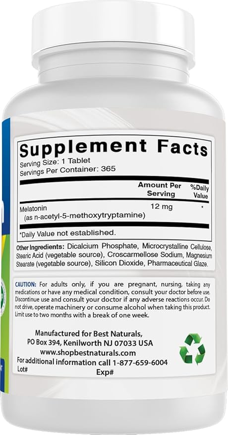 Best Naturals Melatonin 12 mg (1 Year Supply) - Drug-Free Nighttime Sleep Aid - Melatonin for Sleep and Relaxation 365 Count (365 Count (Pack of 3))
