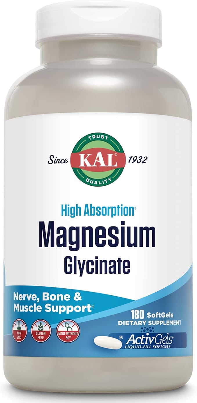 KAL Magnesium Glycinate ActivGels 315mg Fully Chelated High Absorption Magnesium Supplement for Relaxation Muscle &amp Bone Support Non-GMO Gluten Free 60 Servings 180 Softgels