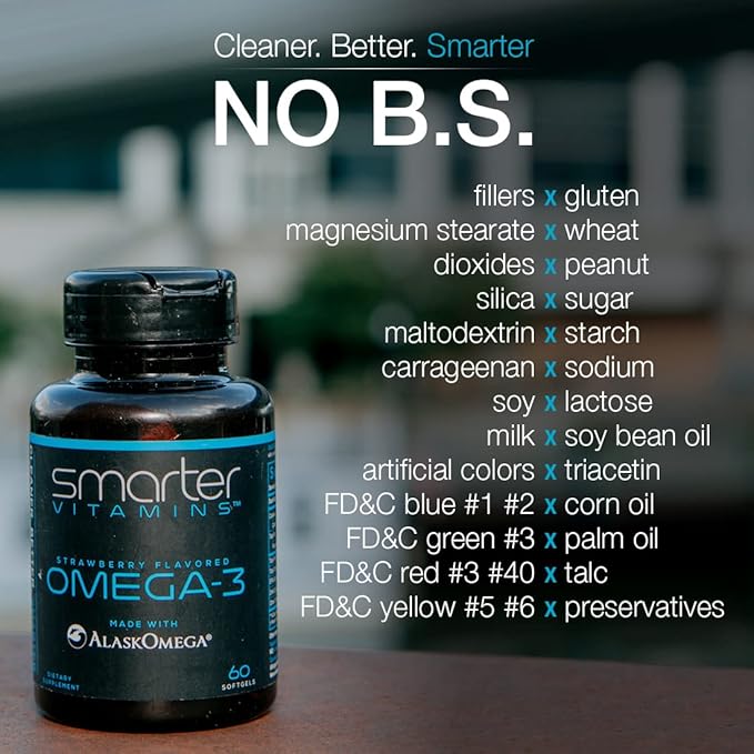 (5 Pack) Smarter Omega 3 Fish Oil Berry Flavor Burpless Tasteless 2000mg Potent Triple Strength DHA EPA Brain Omega-3 Made with AlaskOmega®