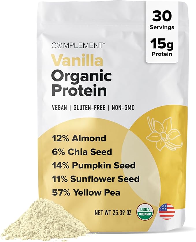 Complement Organic Vanilla Vegan Protein Powder (30 Serving) Low Carb Low Calorie Sugar Free Soy Free Non-GMO Gluten Free Non Dairy- Yellow Pea Pumpkin Seed- 15g Plant Based Protein Powder