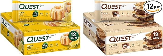 Quest Nutrition Lemon Cake Protein Bars High Protein Low Carb Gluten Free Keto Friendly 12 Count (Pack of 1) &amp S'mores Protein Bar High Protein Low Carb Gluten Free Keto Friendly 12 Coun