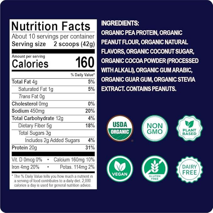 Enchant Organic Protein Powder Chocolate Peanut Butter flavor – 20g Plant Protein sourced from North American Farms 5g Prebiotic + fiber USDA Organic Non-GMO Plant-based Non-Dairy Vegan 0.91 l