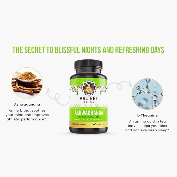 Ancient Bliss Ashwagandha with L-Theanine &amp Black Pepper Extract Capsules Energy &amp Natural Mood Support Supplement Focus Supplement for Adults