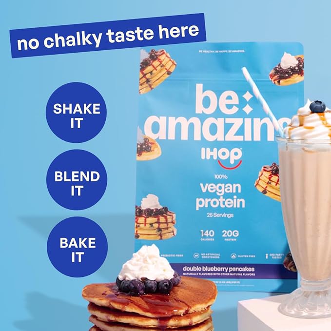 BE AMAZING Vegan Protein Powder IHOP Double Blueberry Pancakes 20g Plant Based Protein with Prebiotic Fiber Low Carb Dairy and Gluten Free Shake Mix No Added Sugar 29.3 oz 25 Servings
