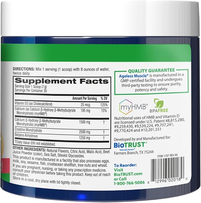 BioTrust Ageless Muscle Builder - Creatine HMB Powder with Vitamin D3 &amp Betaine - Build &amp Preserve Naturally Declining Muscle Mass &amp Strength - Fruit Punch 60 Servings