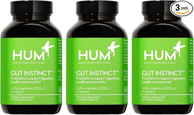 HUM Gut Instinct Daily Probiotics for Women and Men Digestive Health Lactobacillus Bifidobacterium Strains for Immune Support Probiotic Supplement for Healthy Gut Diversity 90 Capsules
