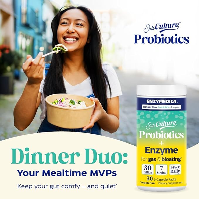 Enzymedica Dinner Duo for Gas &amp Bloating – Probiotics + Digestive Enzyme Packets for Occasional Gas 30B CFU of 7 Live Strains Vegetarian – 30 Daily Packs