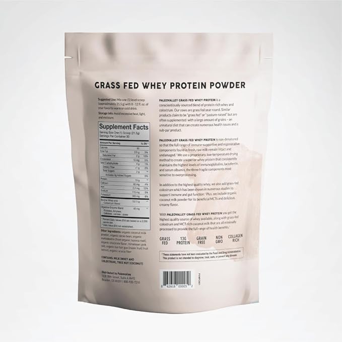 Paleovalley 100% Grassfed Whey Protein Powder with Colostrum 30 Serving - Chocolate 13g Protein Muscle Building Immune Support Gut Health